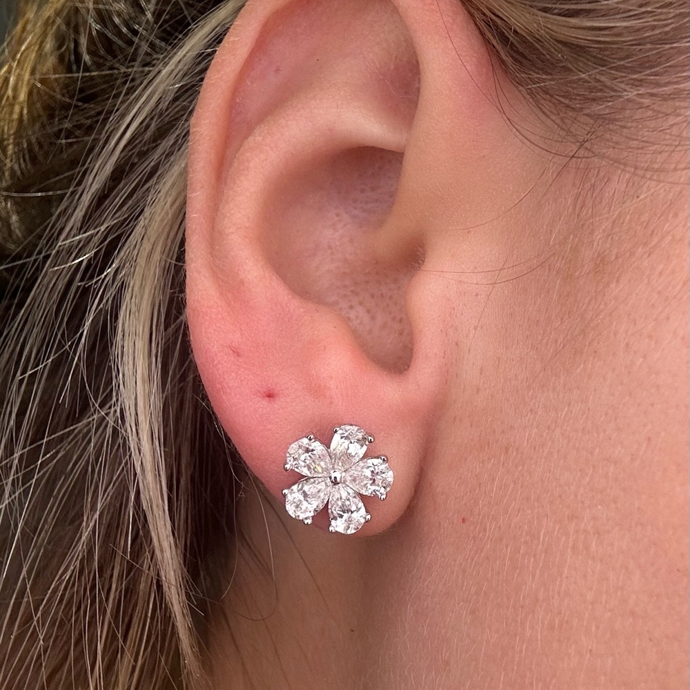 2 CTW pear diamond flower stud earrings 14k white gold